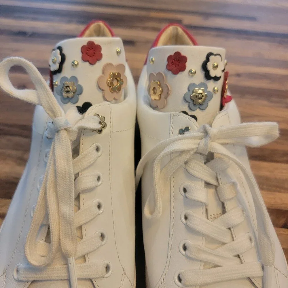 MICHAEL Michael Kors Mindy Floral Embellished White/Red Leather Sneakers - Picture 5 of 14